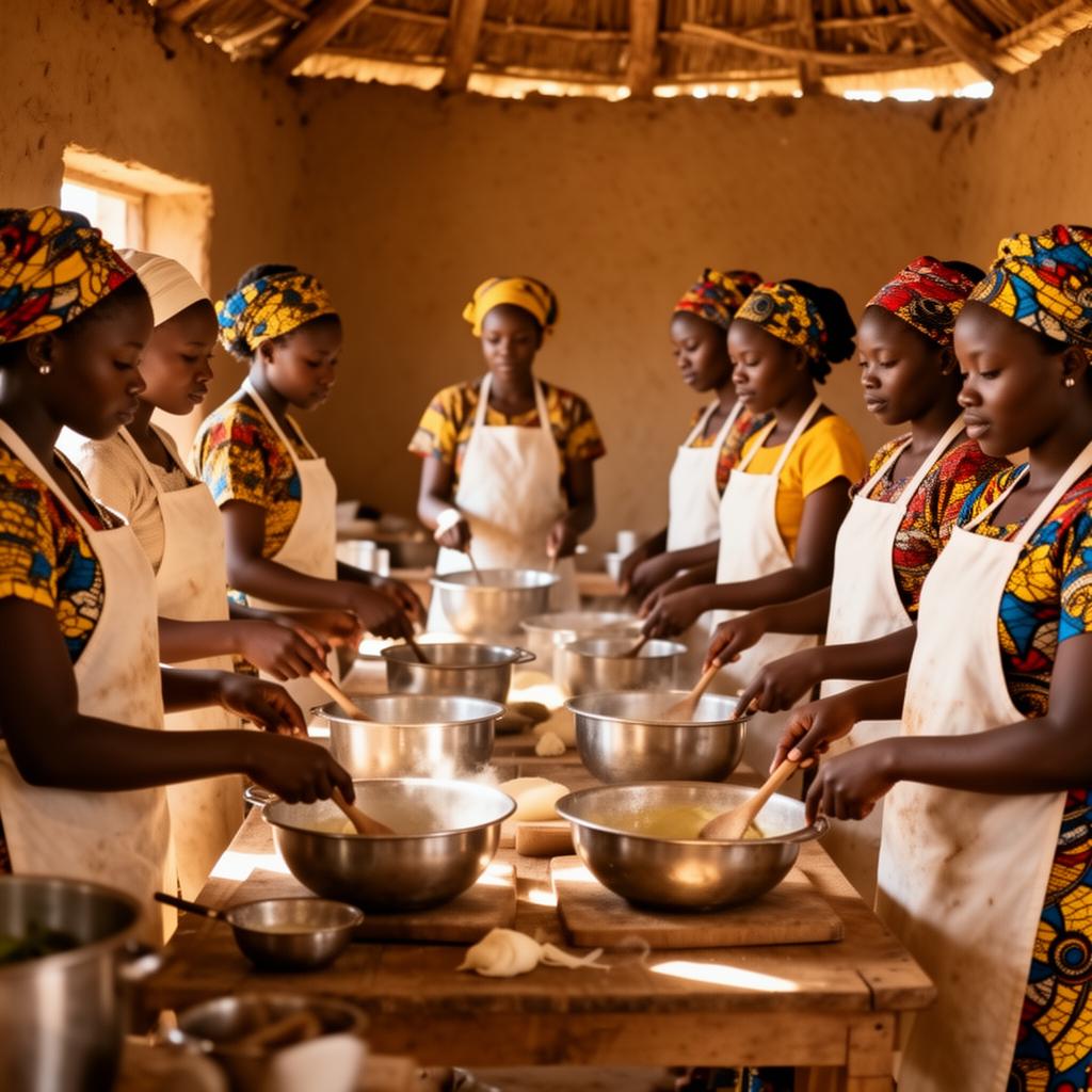 Jeunes filles mères apprenant la cuisine dans un atelier collectif à Adéta